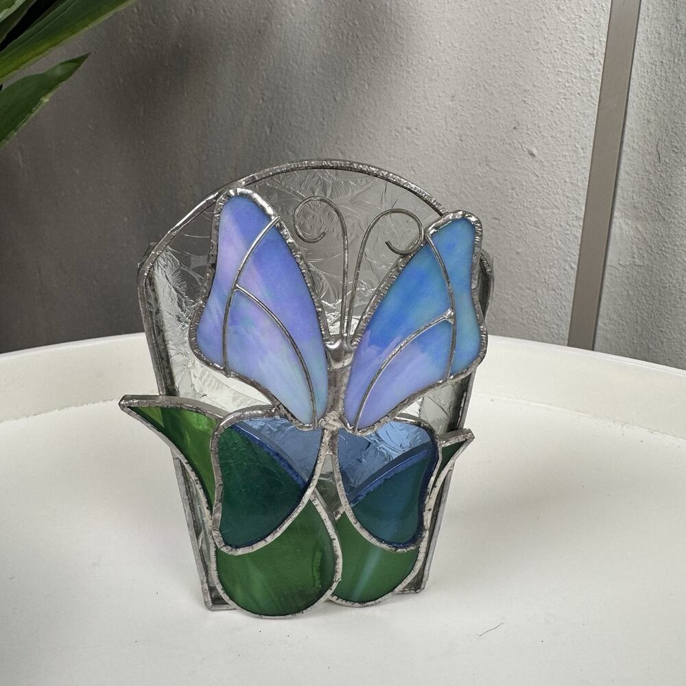 Vintage Stained Glass Butterfly Tea‎ Light Candle Holder Fairy Whimsical Y2K